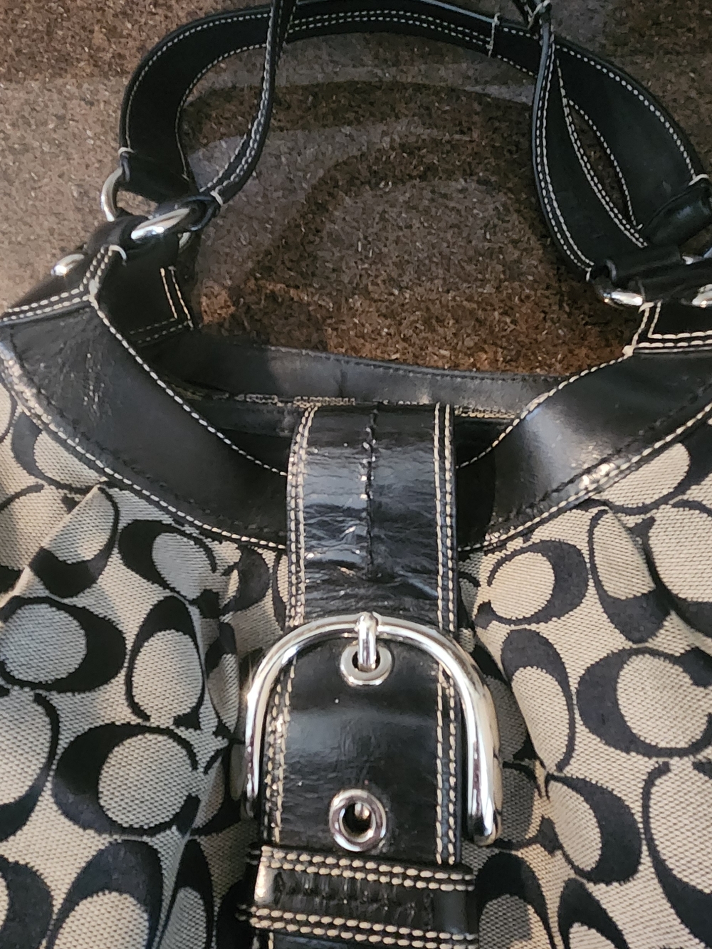 Coach Black & Khaki Signature Buckle Shoulder Bag with Silver Hardware - Picture 4 of 6